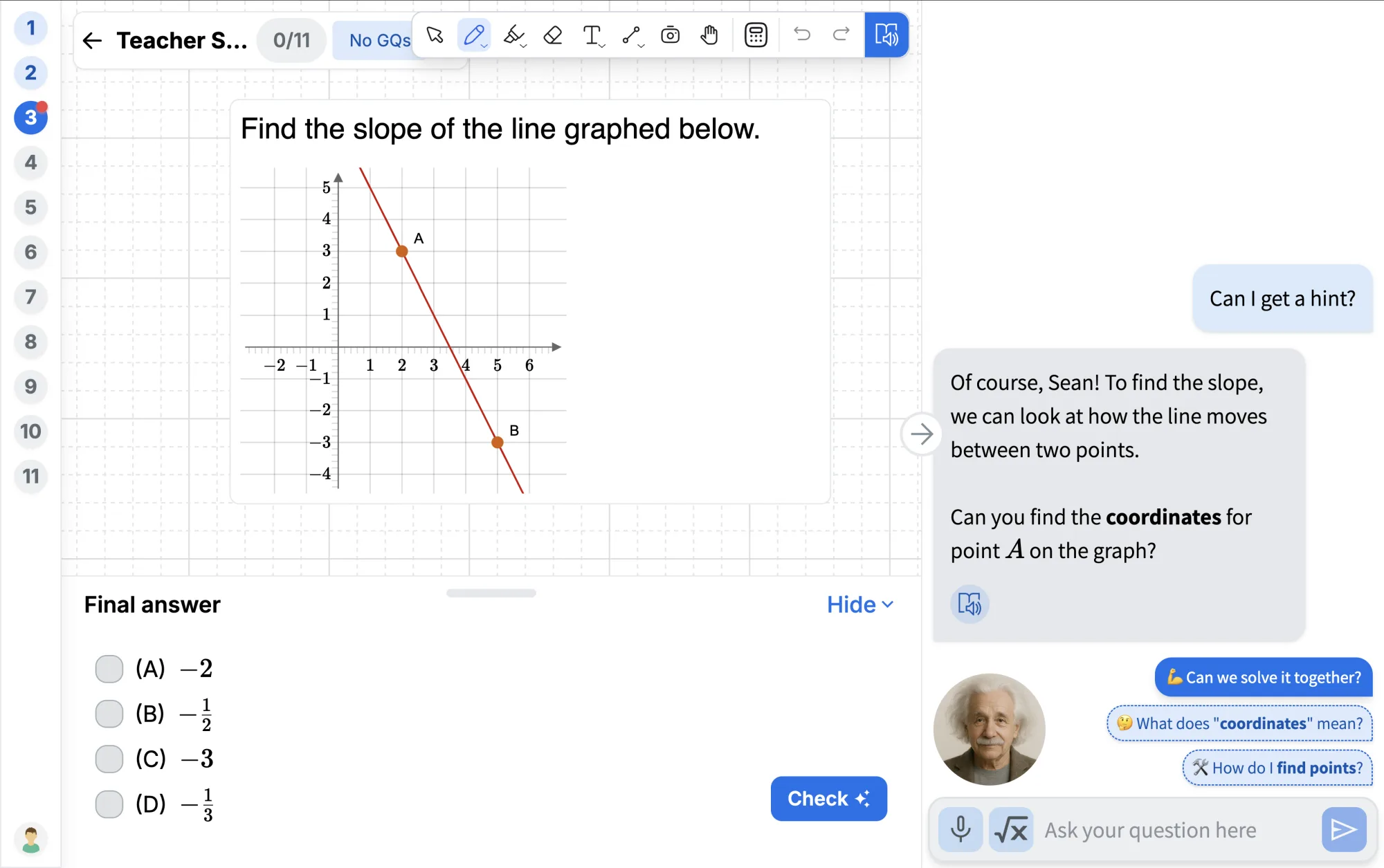 Thinkverse student practice session — slope-of-a-line problem with a guided AI hint