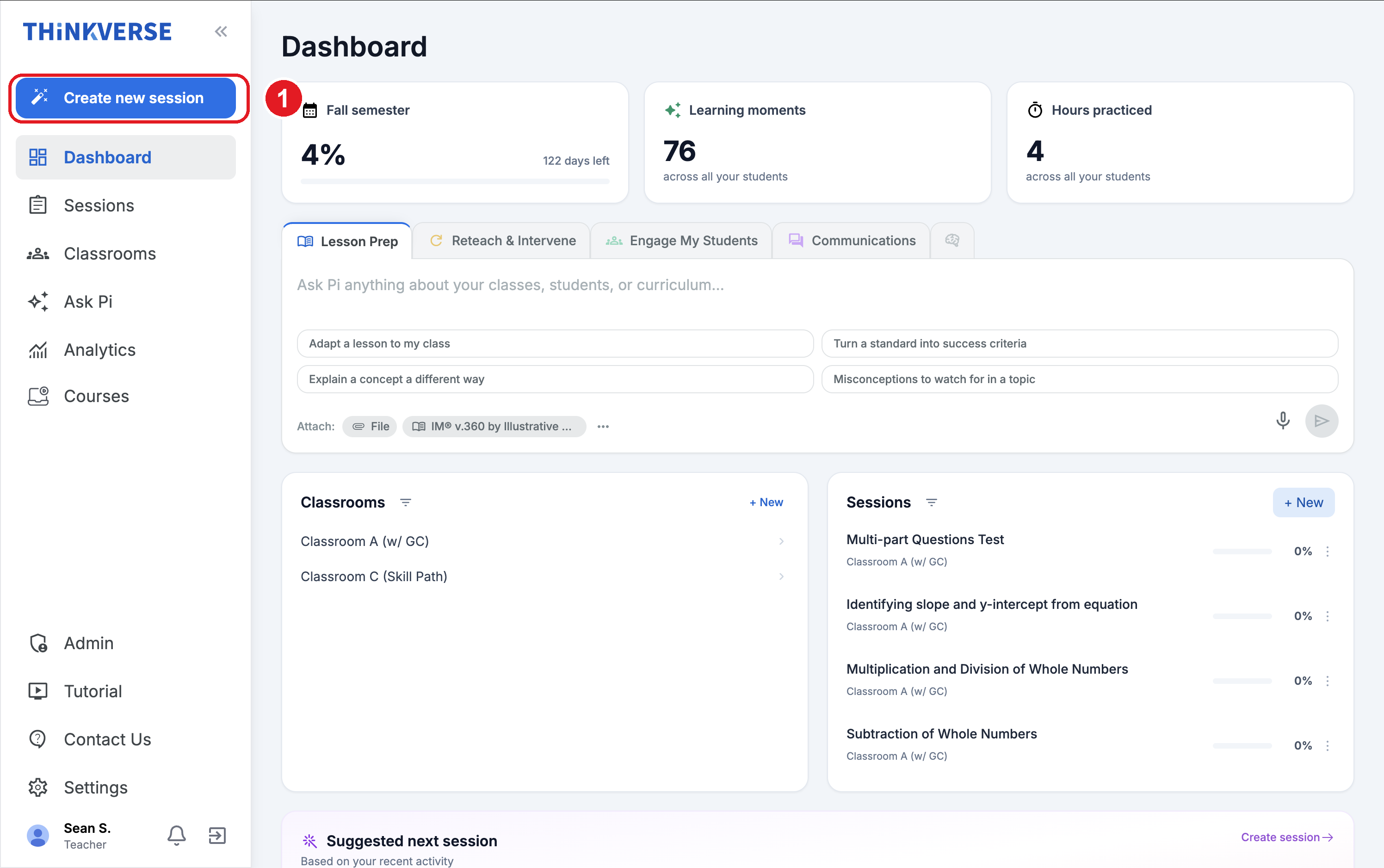 The Thinkverse dashboard, with Create new session highlighted at the top of the left sidebar