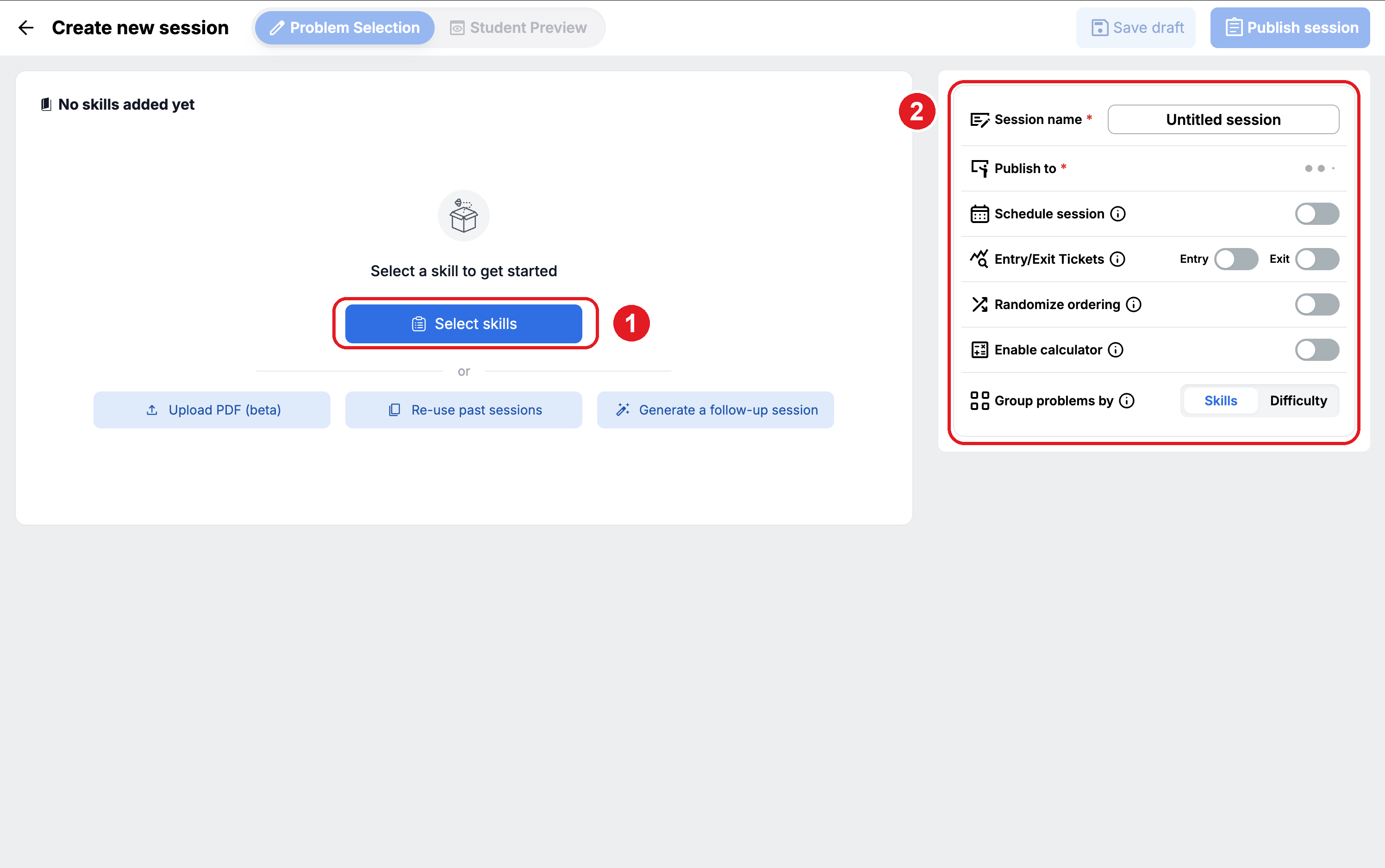 An empty new session, with Select skills highlighted on the left and the settings panel on the right
