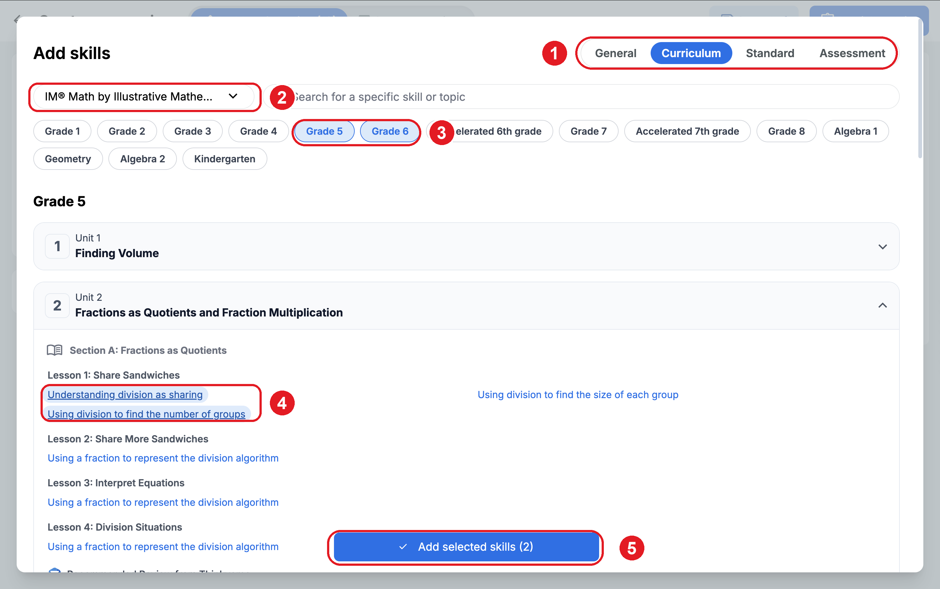 The Add skills dialog, with the source tabs, curriculum picker, grade filters, selected skills, and Add selected skills button all marked